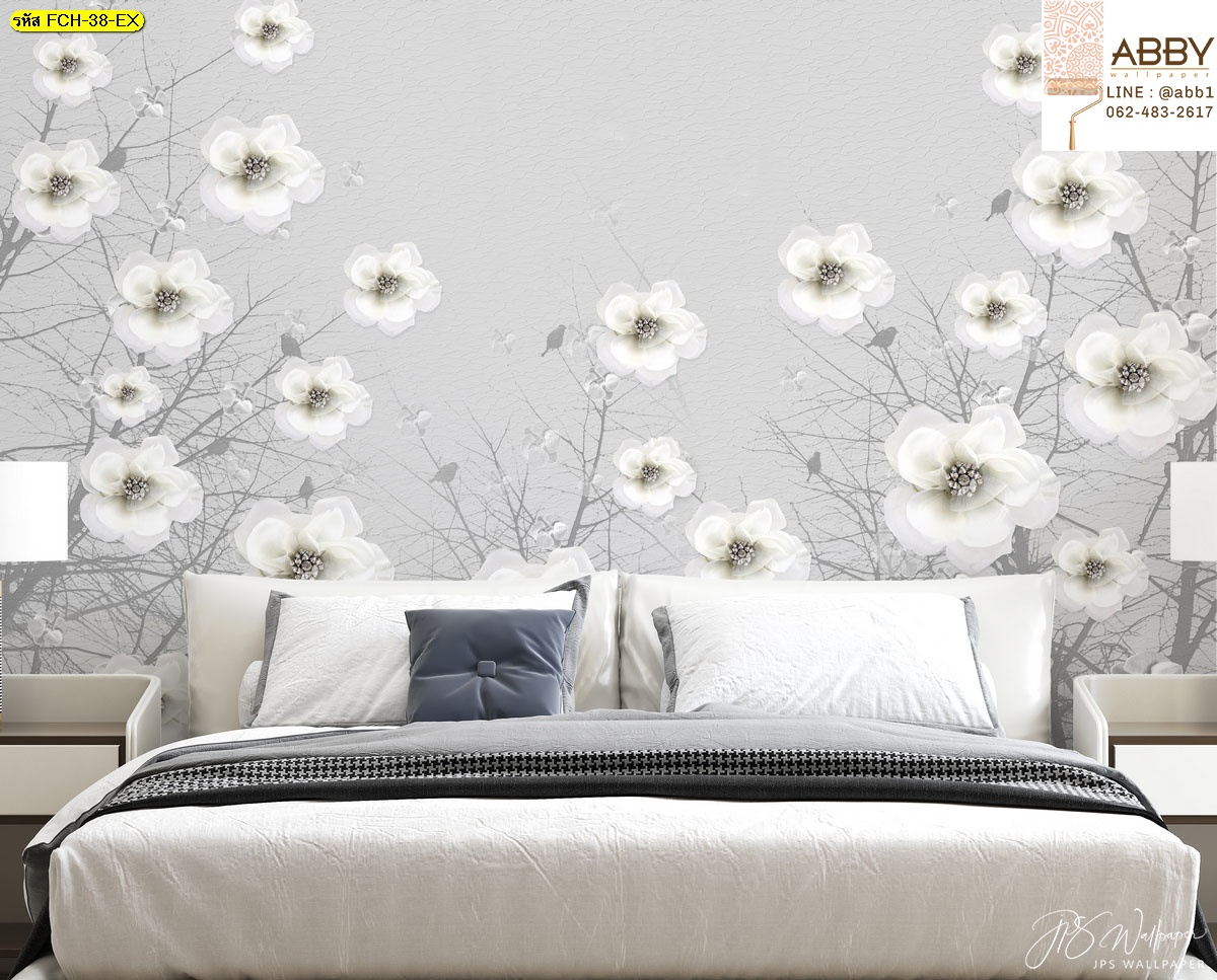 สติ๊กเกอร์ดอกไม้จีนสีขาวแต่งห้องนอน