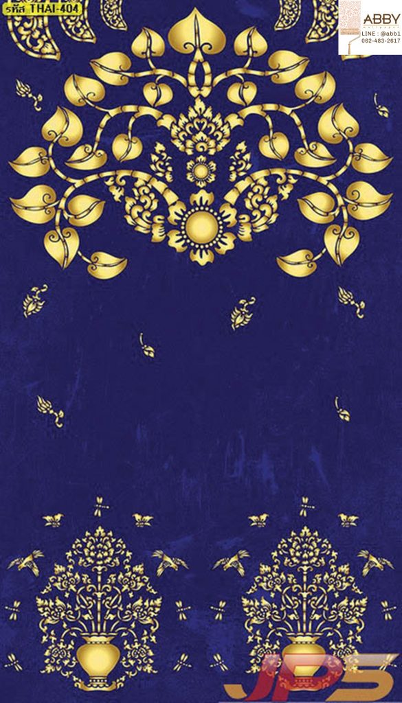 ภาพลายใบโพธิ์กับแจกันดอกบัวทองพื้นสีน้ำเงิน