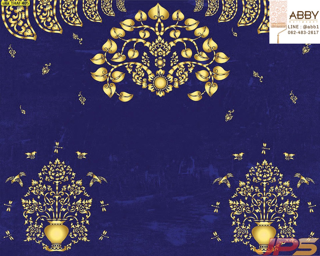 ภาพลายไทยใบโพธิ์กับแจกันดอกบัวทองพื้นสีน้ำเงิน