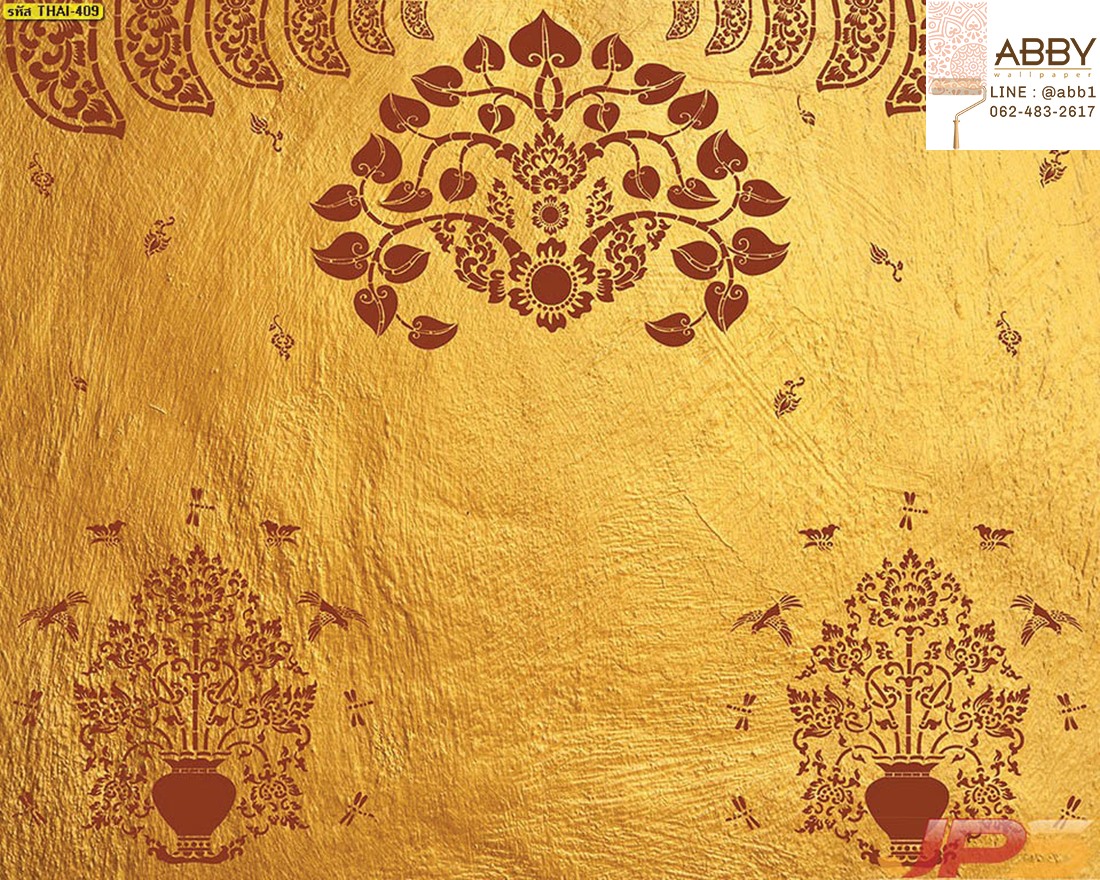 ภาพลายไทยใบโพธิ์กับแจกันดอกบัวแดงพื้นสีทอง