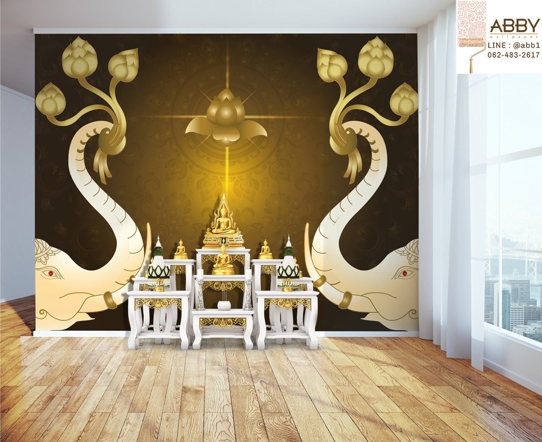 ภาพวาดลายไทยช้างทองพื้นสีทอง