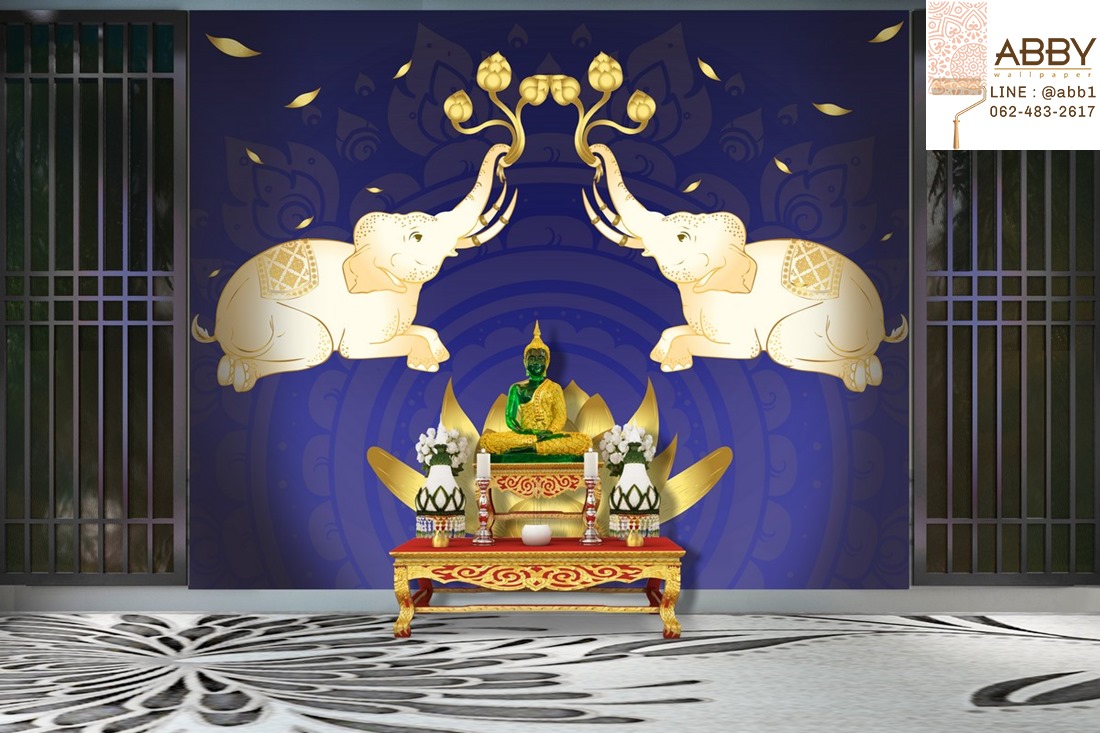 ภาพวาดลายไทยช้างทองพื้นสีน้ำเงิน