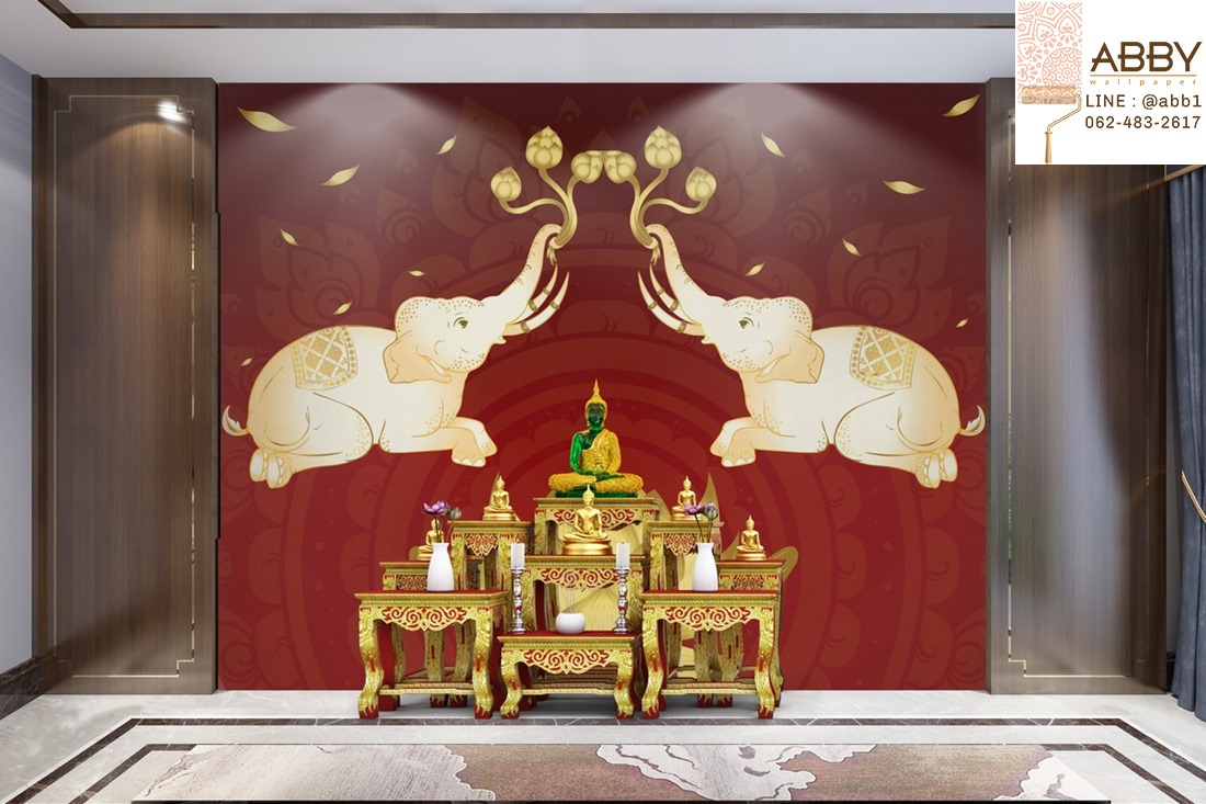 ภาพวาดลายไทยช้างทองพื้นสีแดง