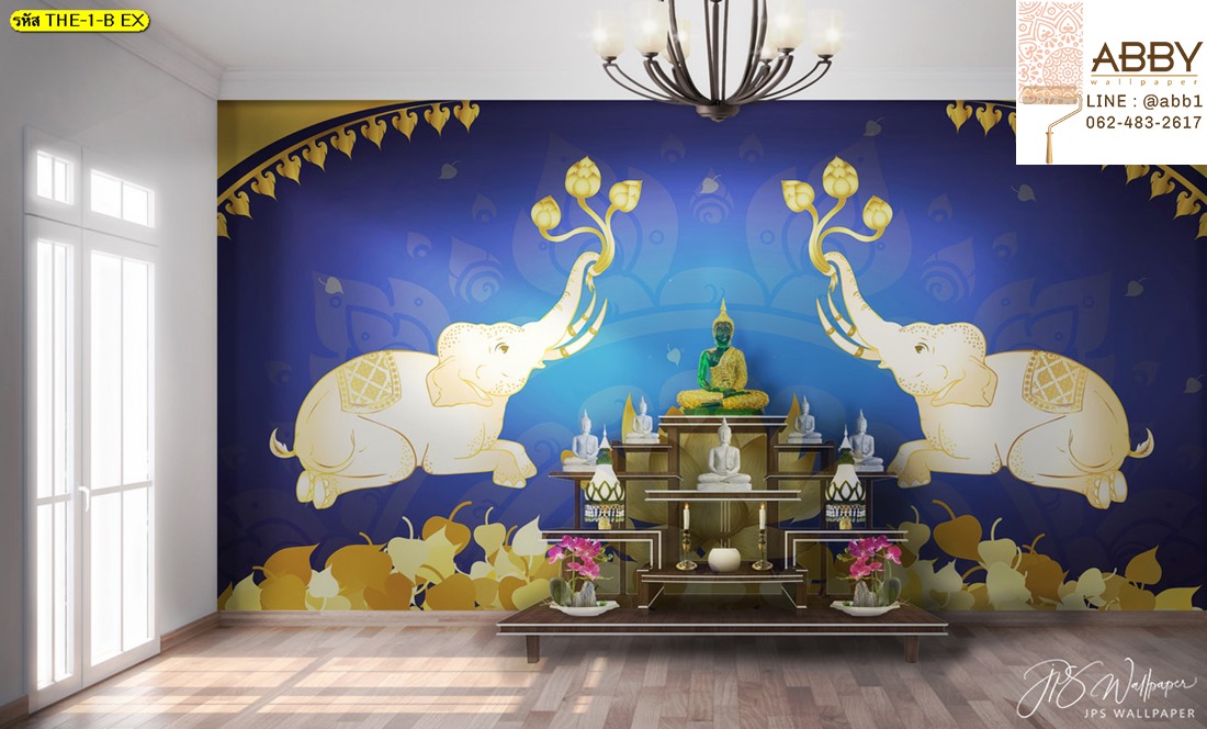 ภาพวาดลายไทยช้างคู่พื้นสีน้ำเงิน
