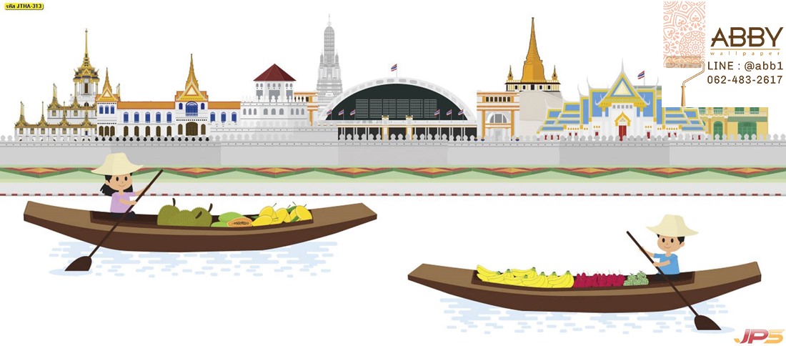 ภาพการ์ตูนวัดไทยที่มีแม่น้ำและเรือแม่ค้า