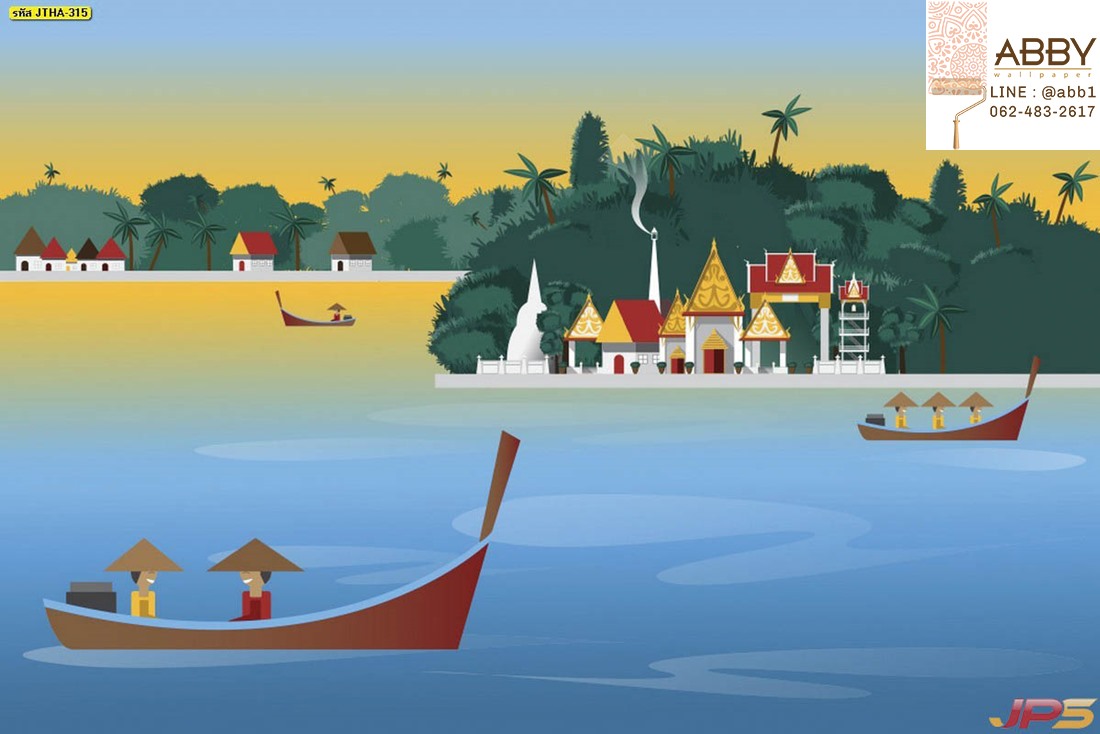 ภูมิทัศน์ของวัดไทยที่มีแม่น้ำและเรือชาวบ้าน