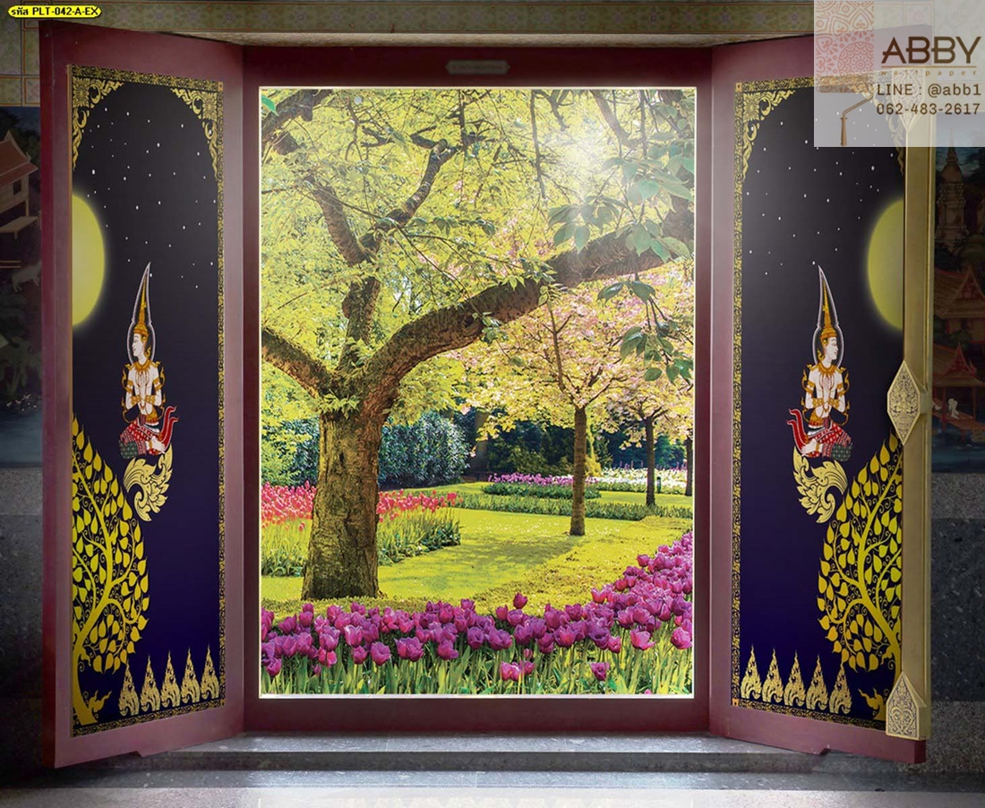 พิมพ์ภาพประตูโบสถ์เทวดาไหว้คู่กับต้นโพธิ์ทอง