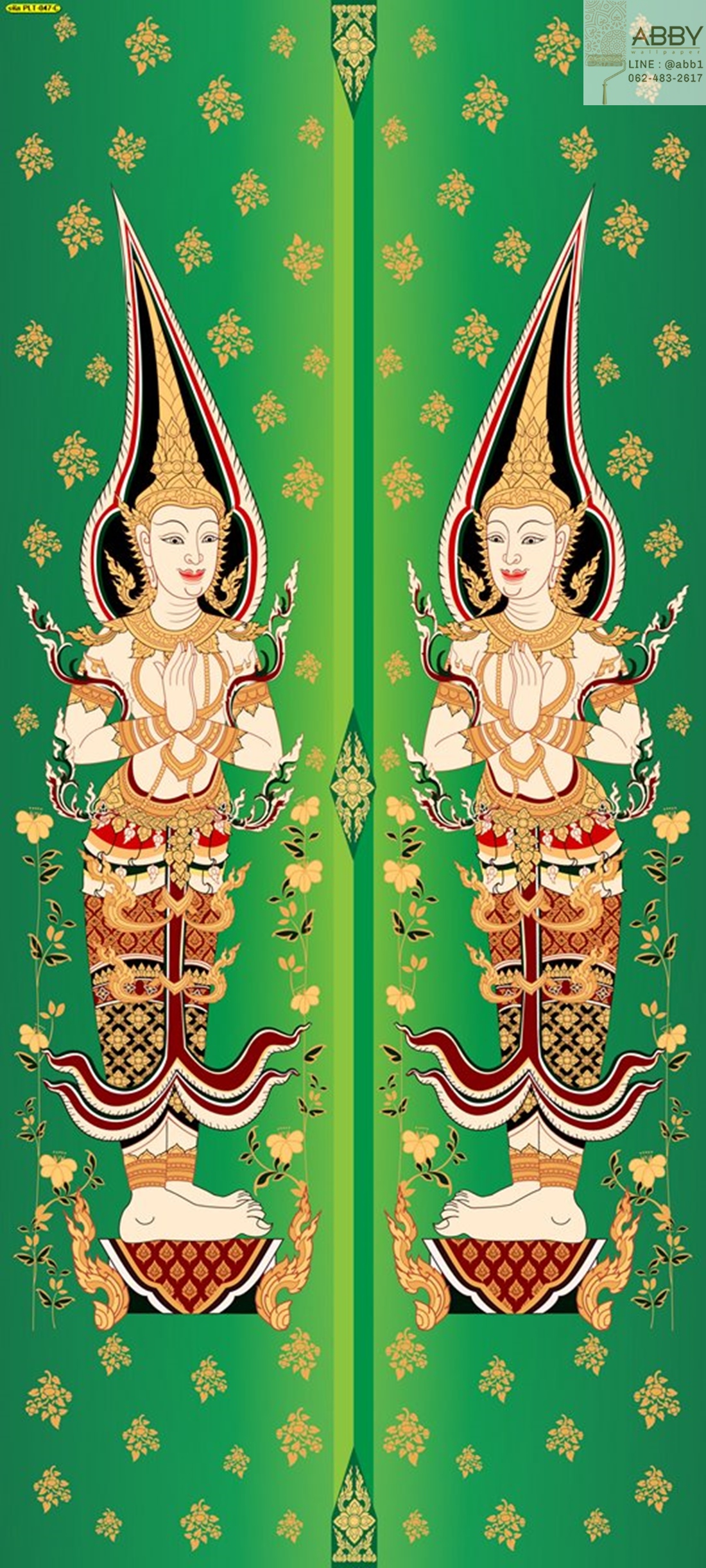 ภาพพิมพ์ประตูลายไทยเทวดาคู่พื้นเขียว