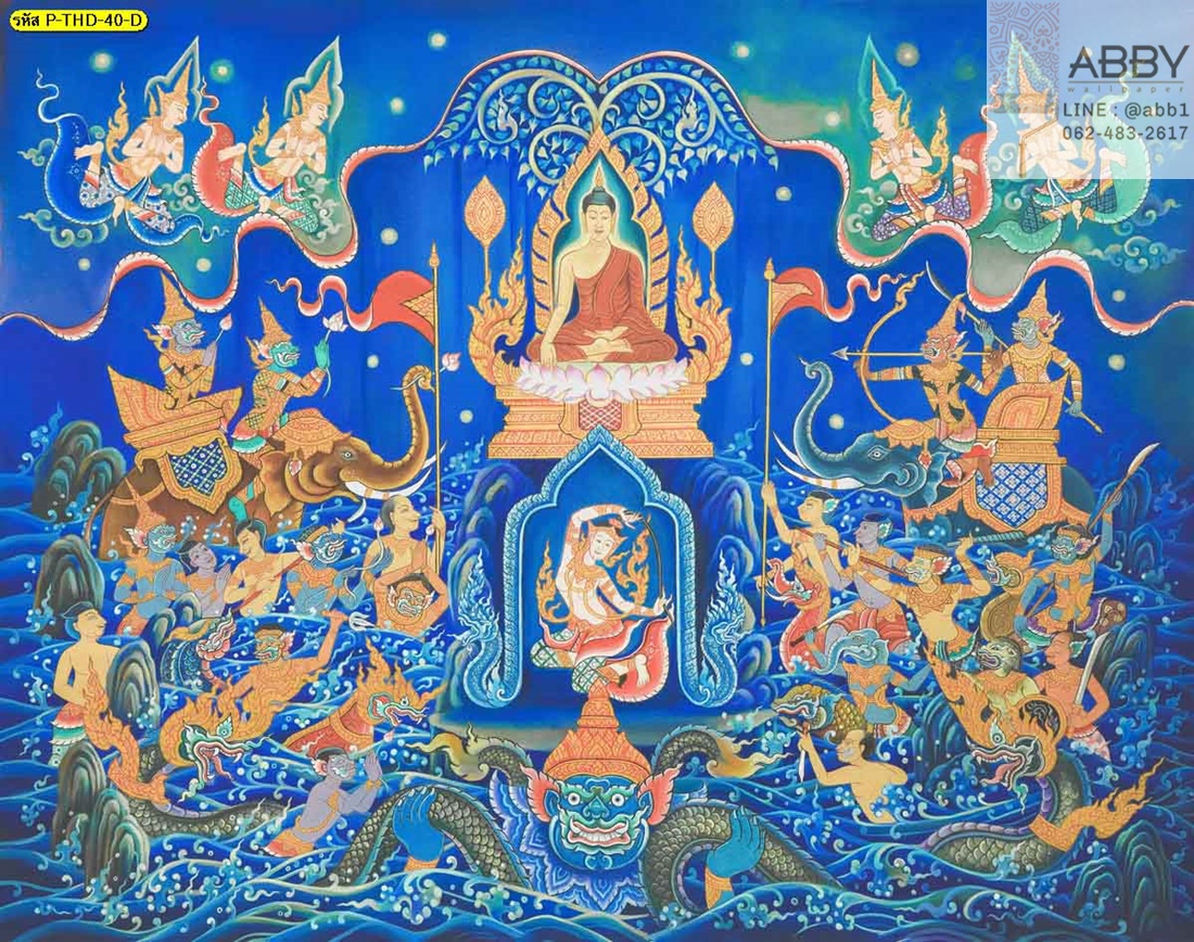 ภาพวาดพระพุทธเจ้าชนะมารโทนสีฟ้าสว่างสดใส