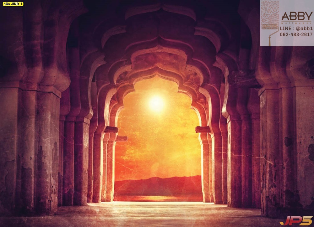 วอลเปเปอร์ซุ้มประตูในวัดโบราณที่พระอาทิตย์ตกดินในอินเดีย