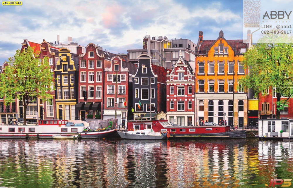 วอลเปเปอร์ภาพบ้านริมแม่น้ำสีสันสวยงามในอัมสเตอร์ดัม